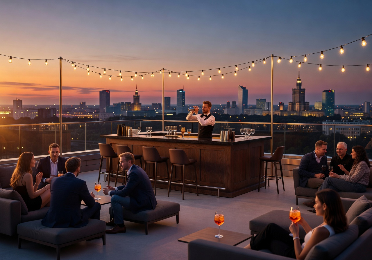 Rooftop cocktail bar with city night views