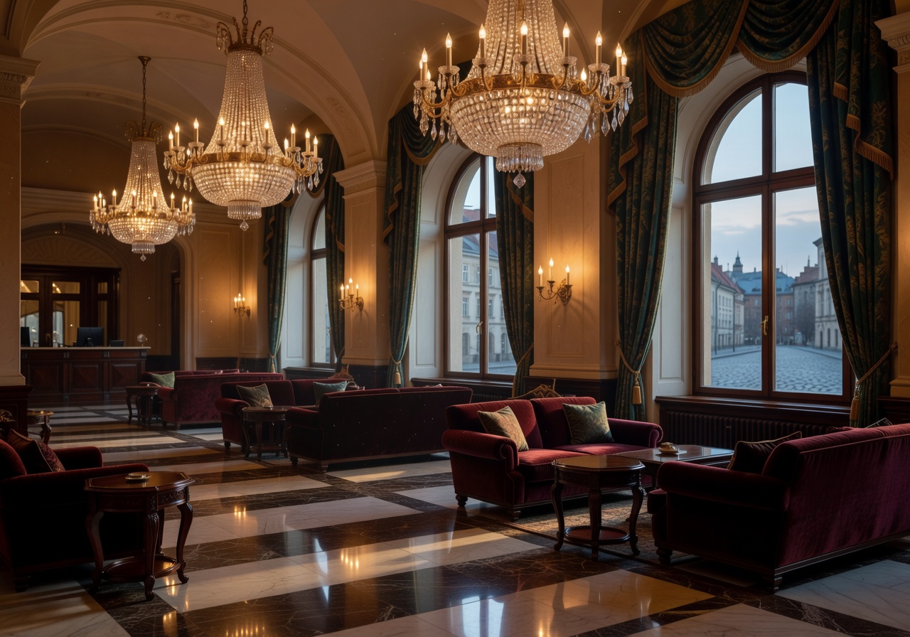 Cinematic Poland luxury hotel interior with chandeliers