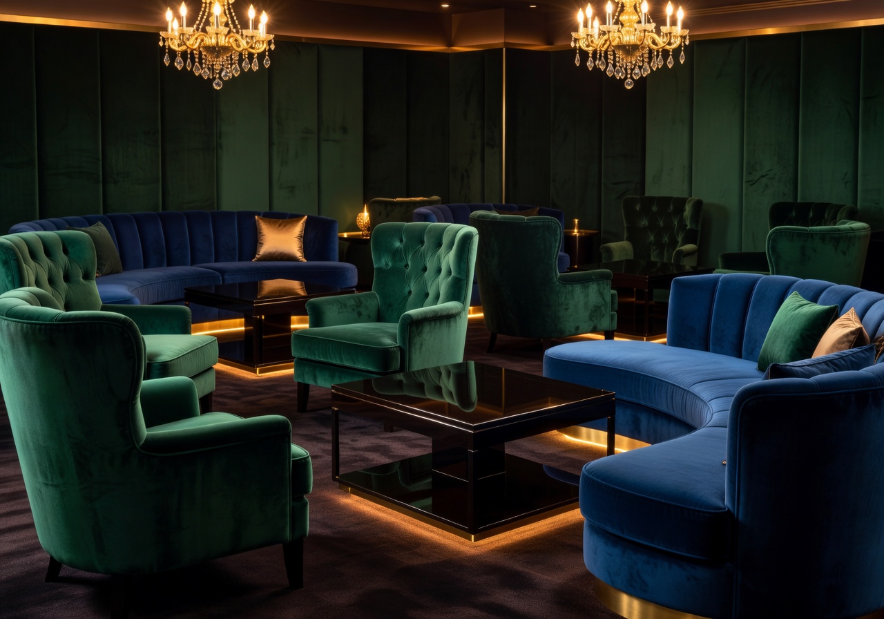 Elegant VIP entertainment lounge velvet interior crimson lighting