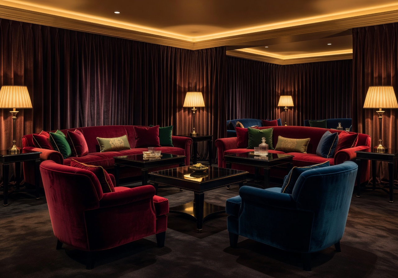 Elegant VIP lounge with velvet interiors and crimson ambient lighting