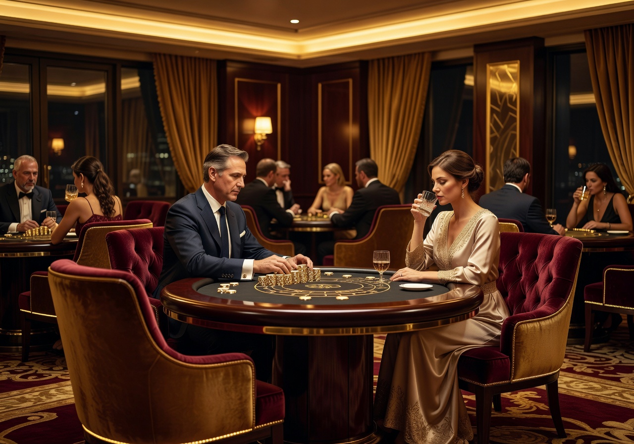 Exclusive VIP casino lounge with ambient crimson lighting