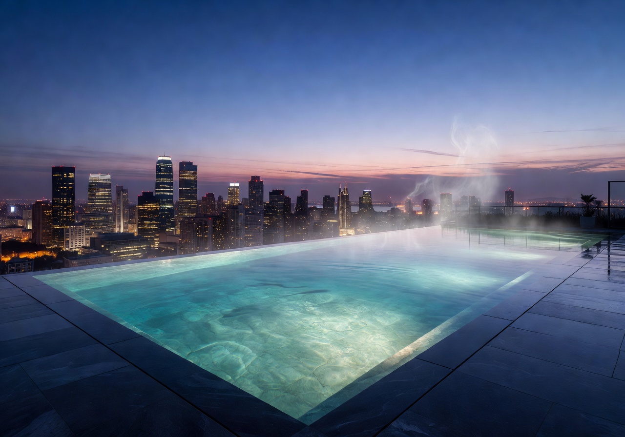 Heated infinity pool overlooking city skyline