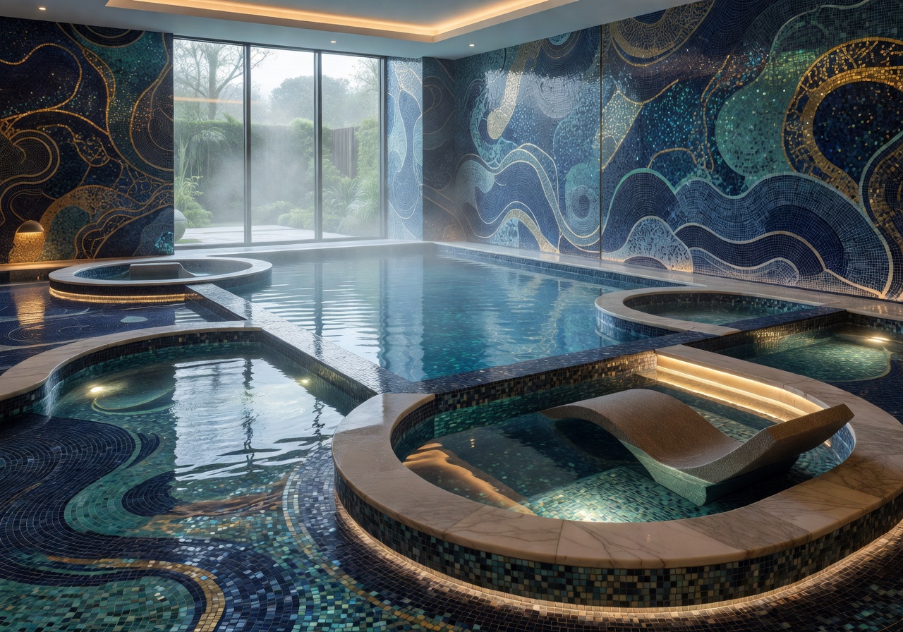 Luxury hydrotherapy circuit with mosaic tiles