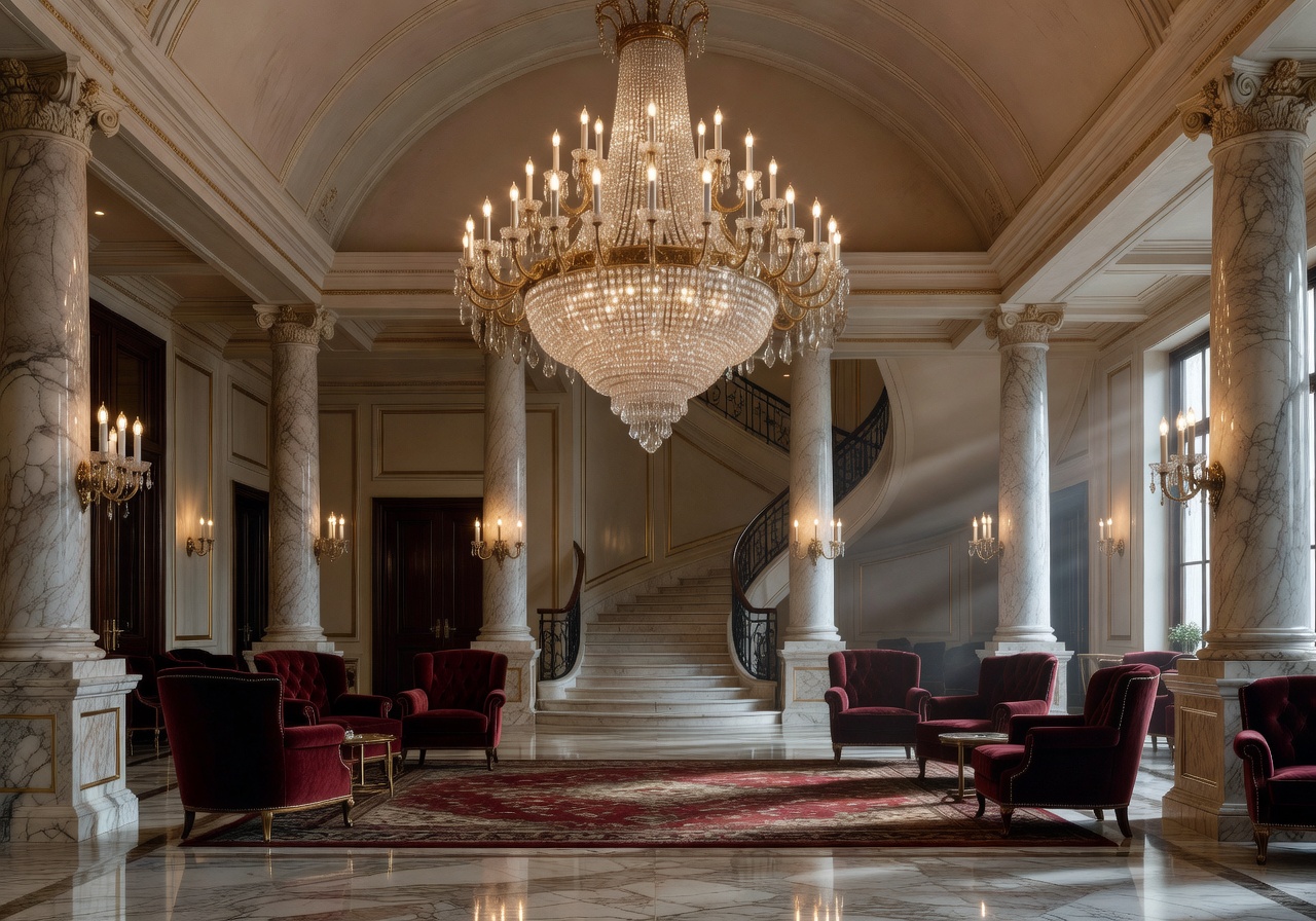 Poland luxury hotel interior cinematic chandelier