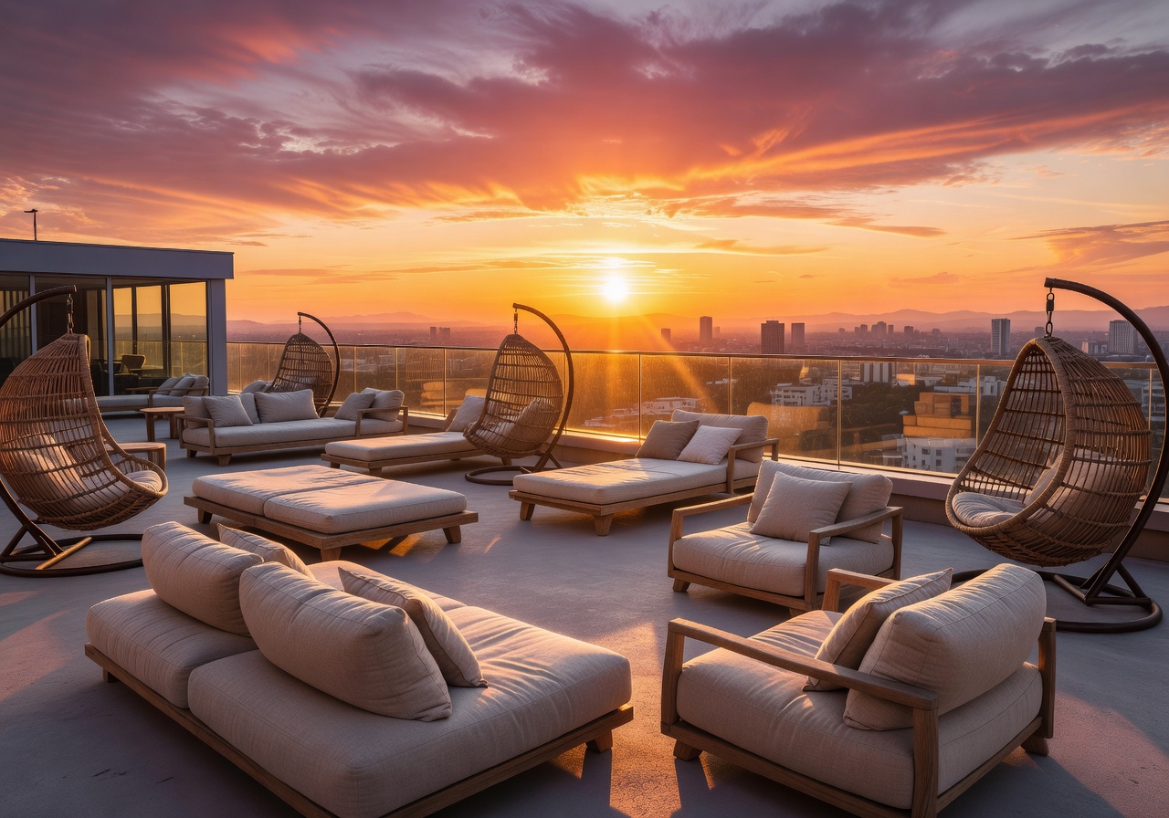 Rooftop relaxation lounge with sunset views