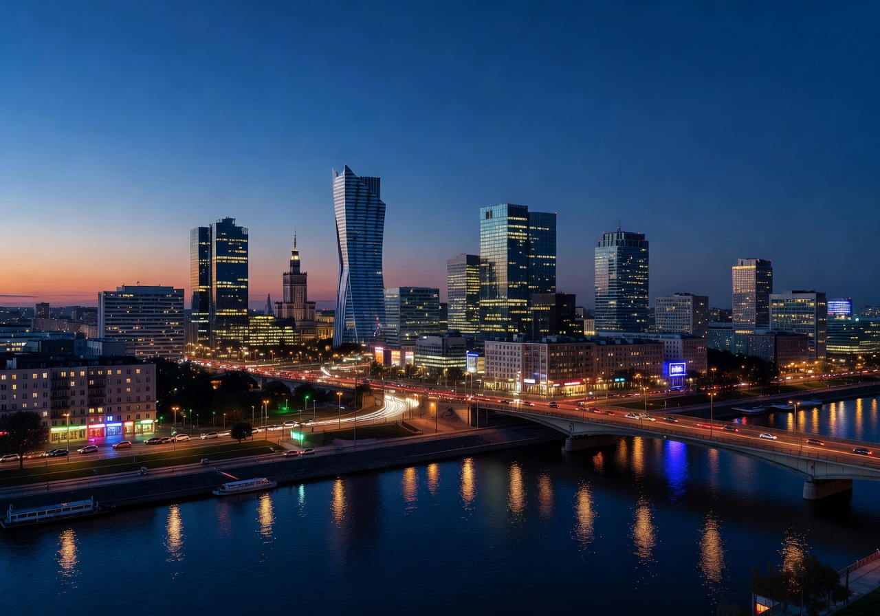 Warsaw skyline evening cityscape lights