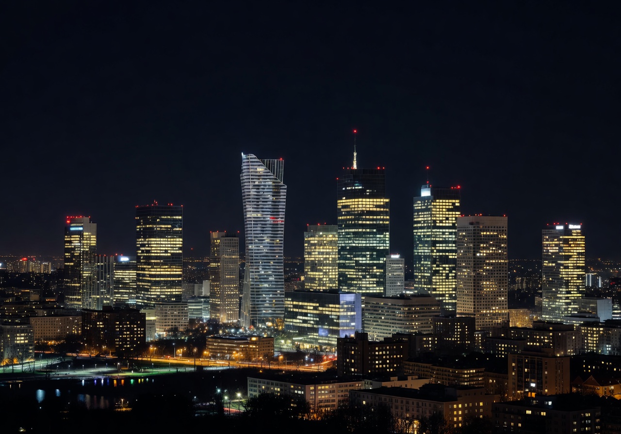 Warsaw luxury skyline at night with illuminated rooftop lounges